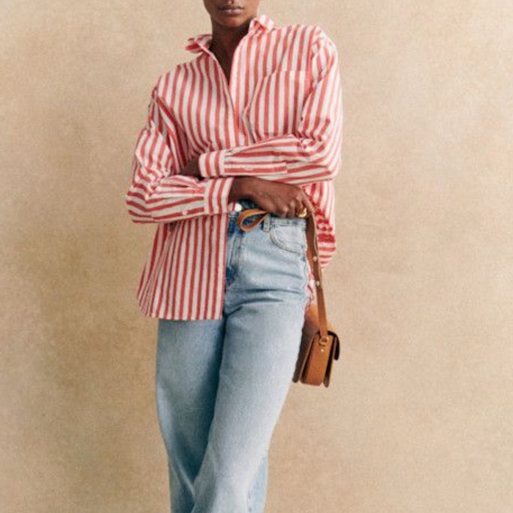 Sezane Coral and White Striped Button-Down Shirt - Picture 6 of 16